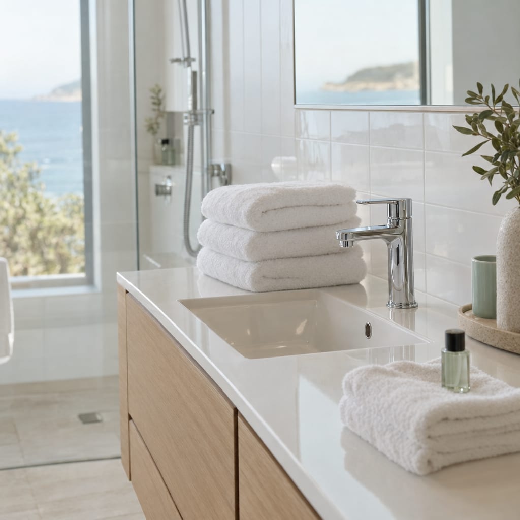 A clean apartment bathroom with folded white towels on the vanity