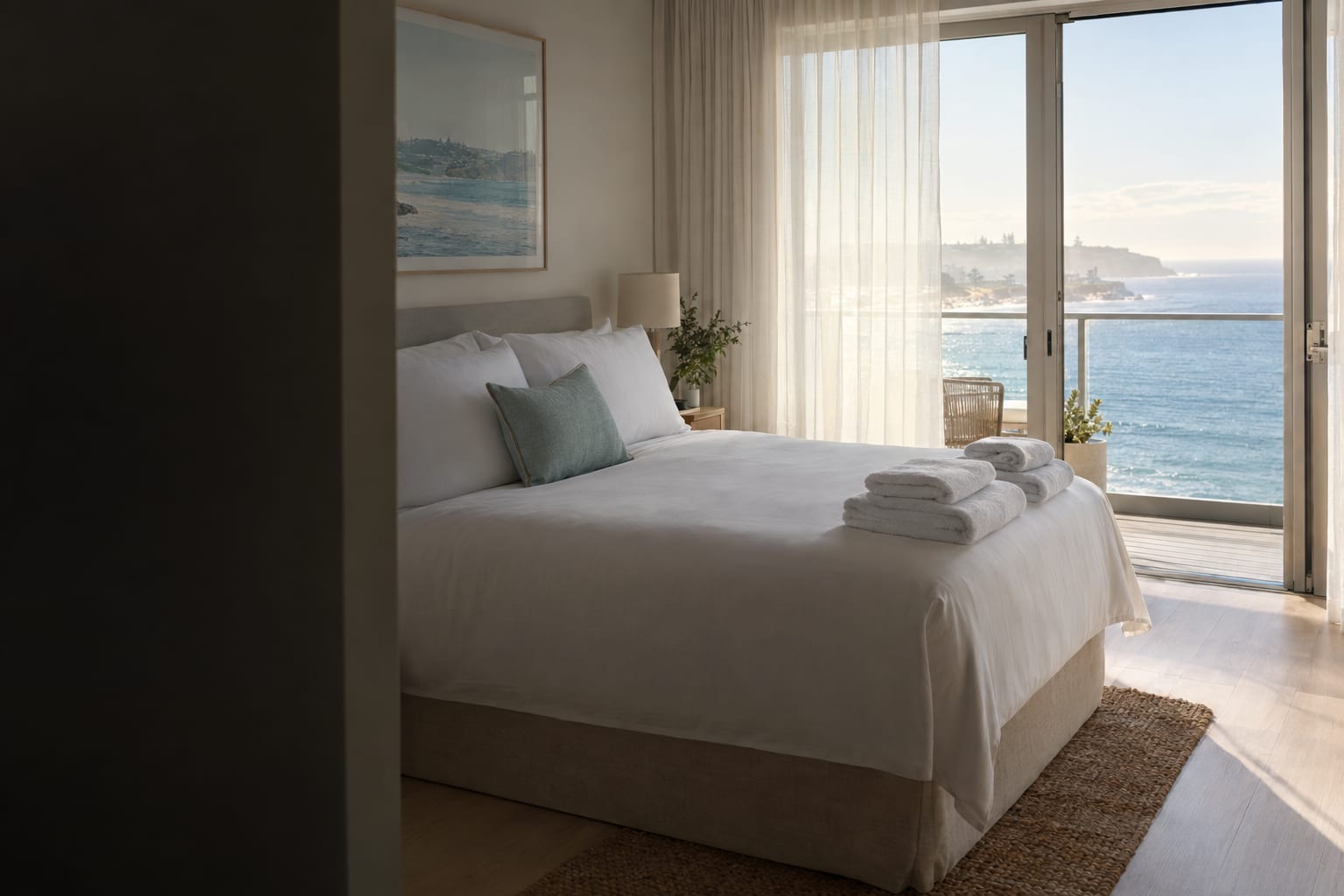 A freshly made bed with folded towels in a bright beachside apartment