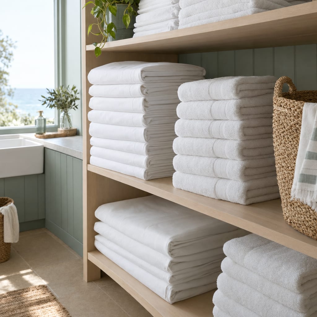 Folded white hotel linen on a shelf