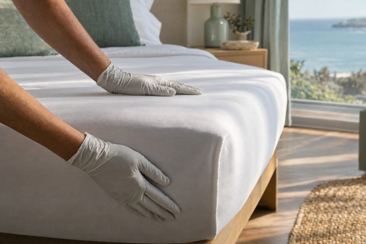 Gloved hands smoothing a fitted sheet over a mattress corner